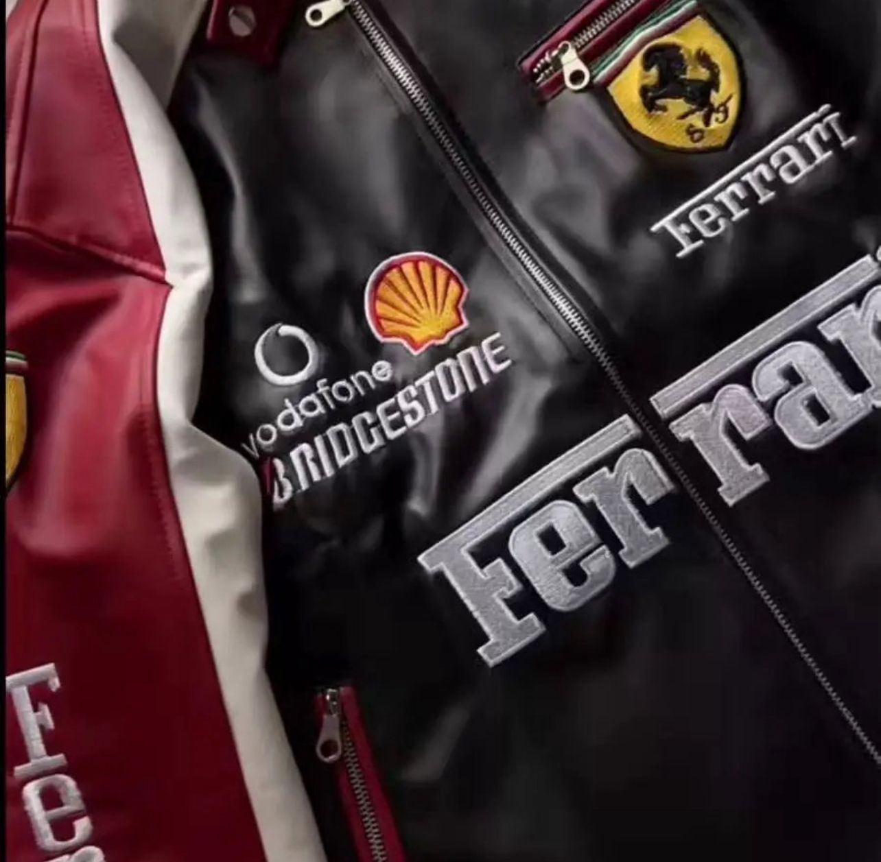 Ferrari Maroon and Black Leather Jacket (Embroidered)