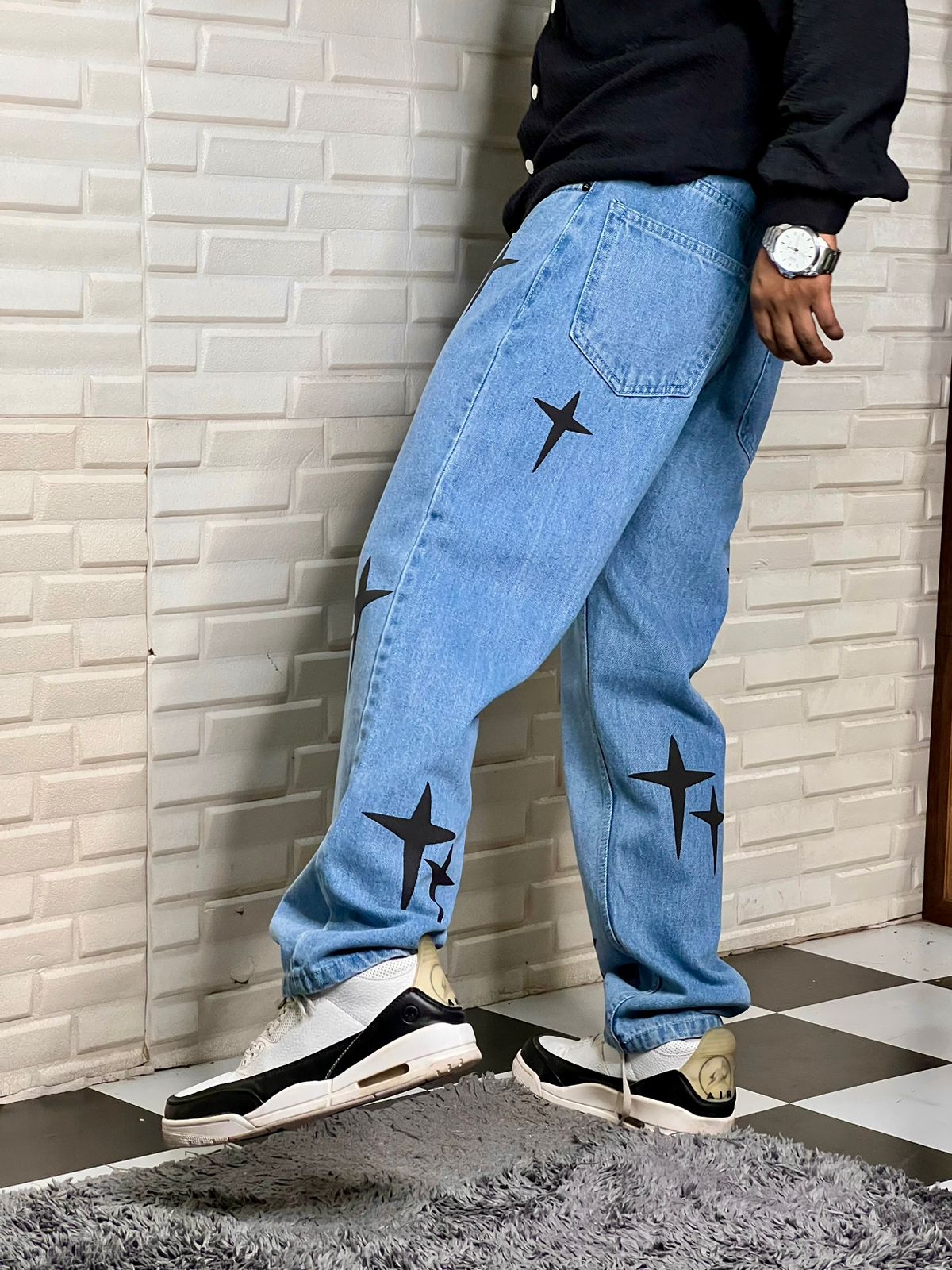 Cross Puff Printed Sky Blue Denim Jeans