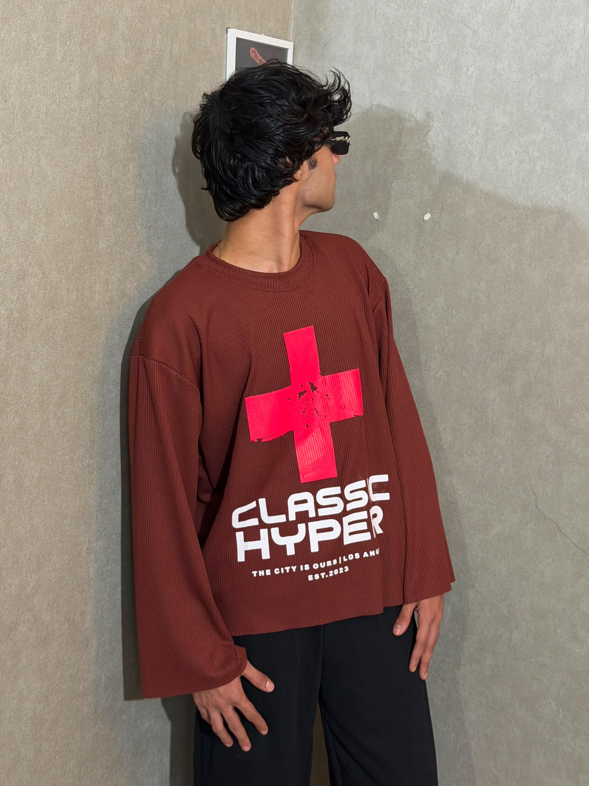 Classic Hyper Burgundy Oversized Waffle Knit Full Sleeve T-Shirt