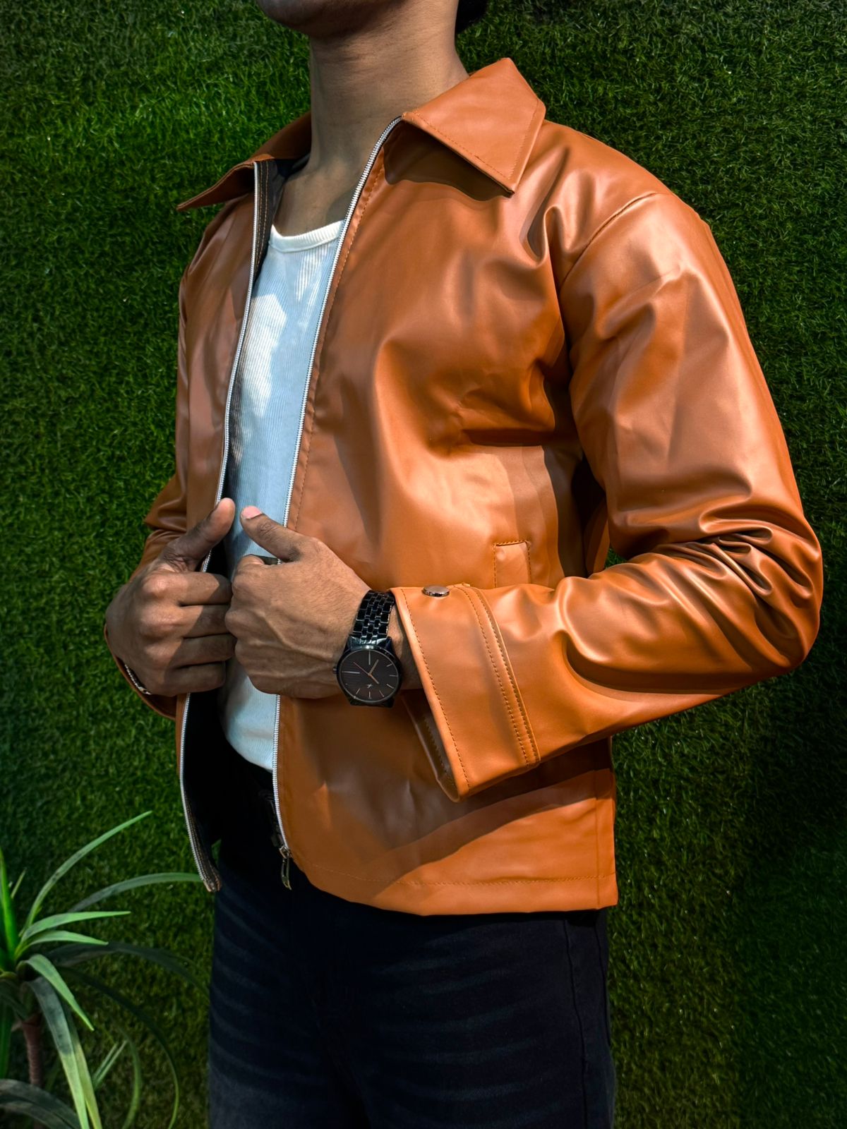 Boxy Fit Synthetic Leather Jacket