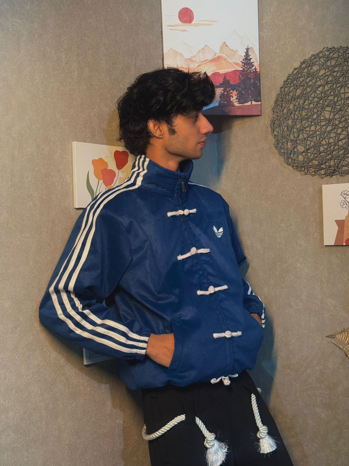 stylish blue suede jacket close up texture