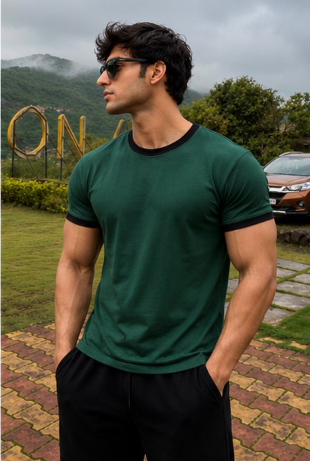 Green & Black Ringer Tee for Men
