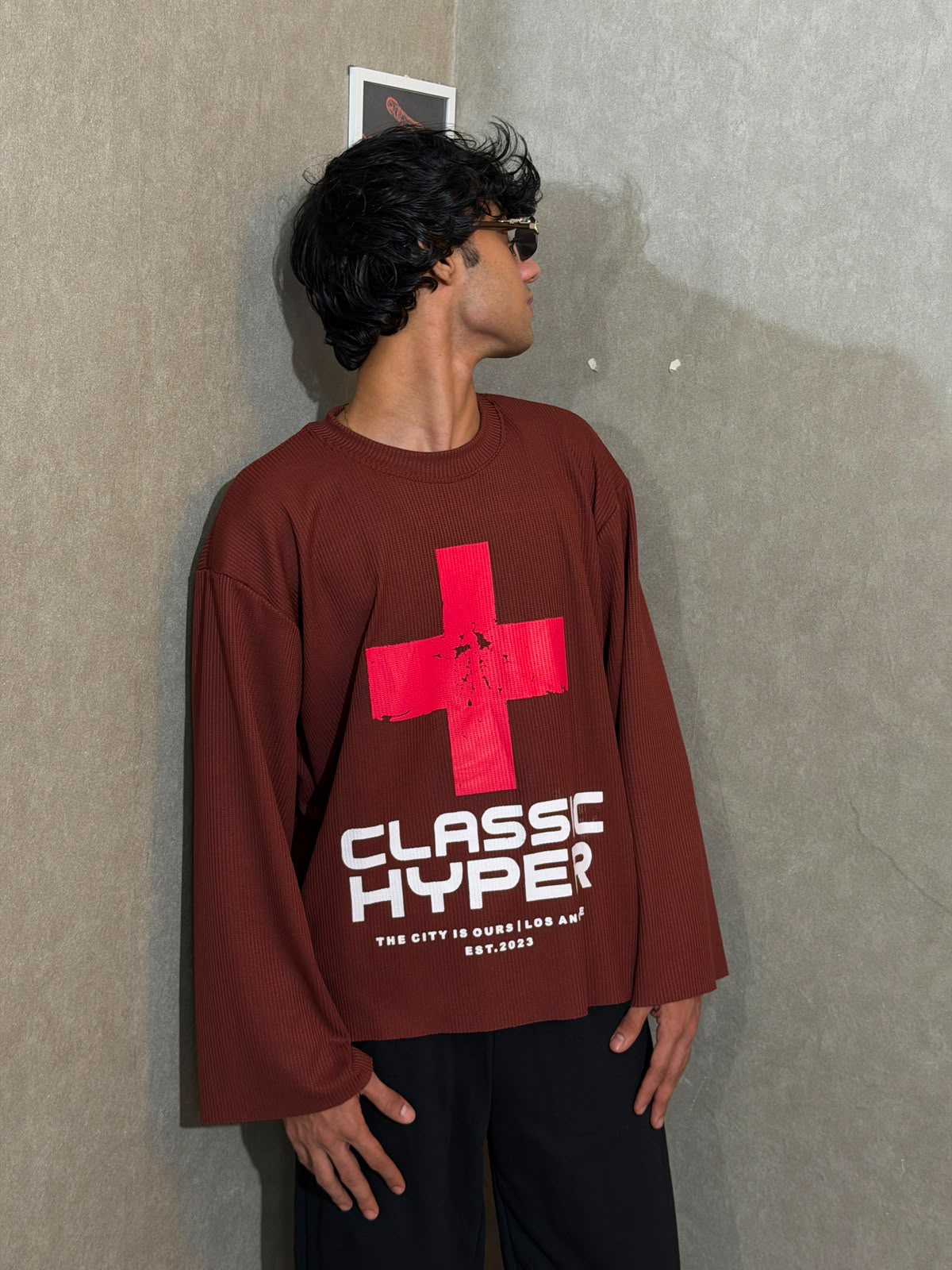 Classic Hyper Burgundy Oversized Waffle Knit Full Sleeve T-Shirt