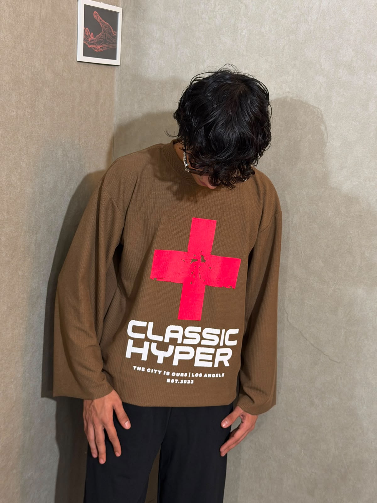 Classic Hyper Brown Oversized Waffle Knit Full Sleeve T-Shirt