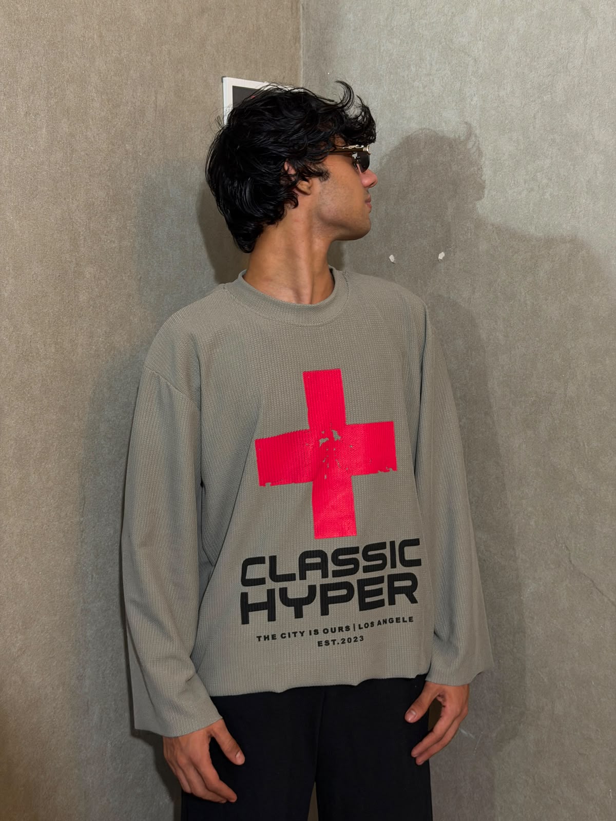 Classic Hyper Grey Oversized Waffle Knit Full Sleeve T-Shirt