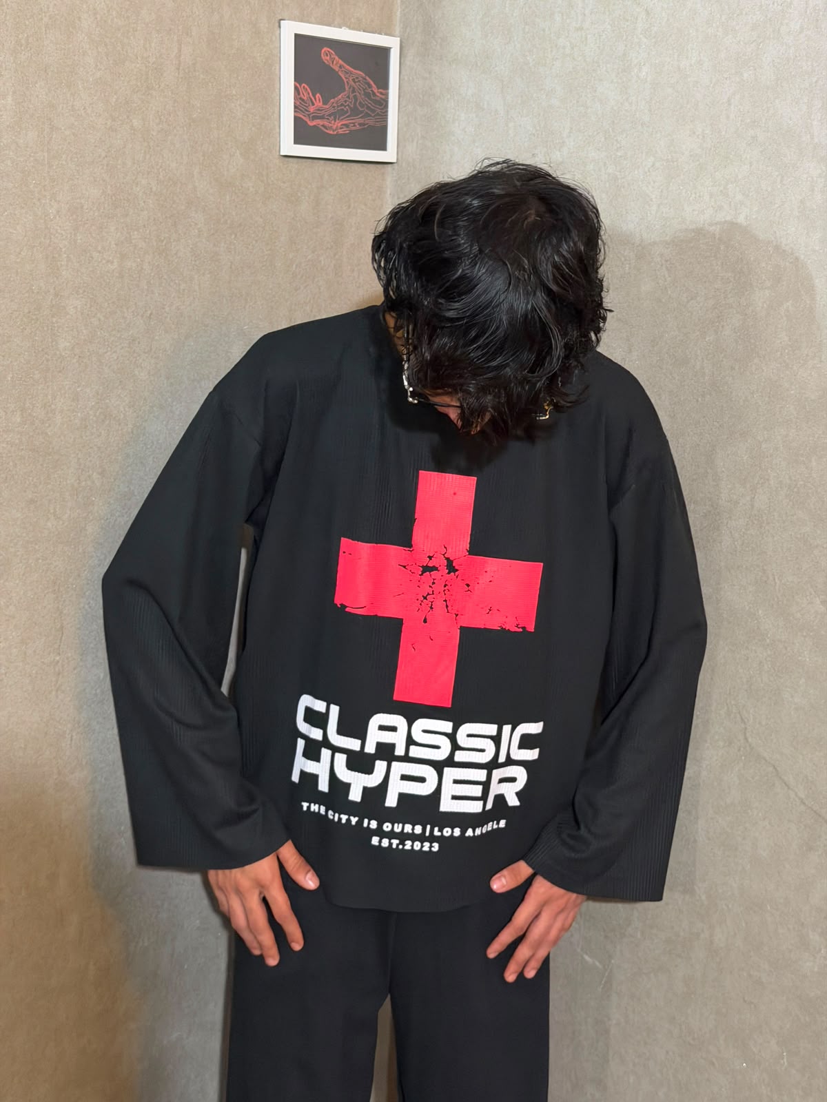 Classic Hyper Black Oversized Waffle Knit Full Sleeve T-Shirt