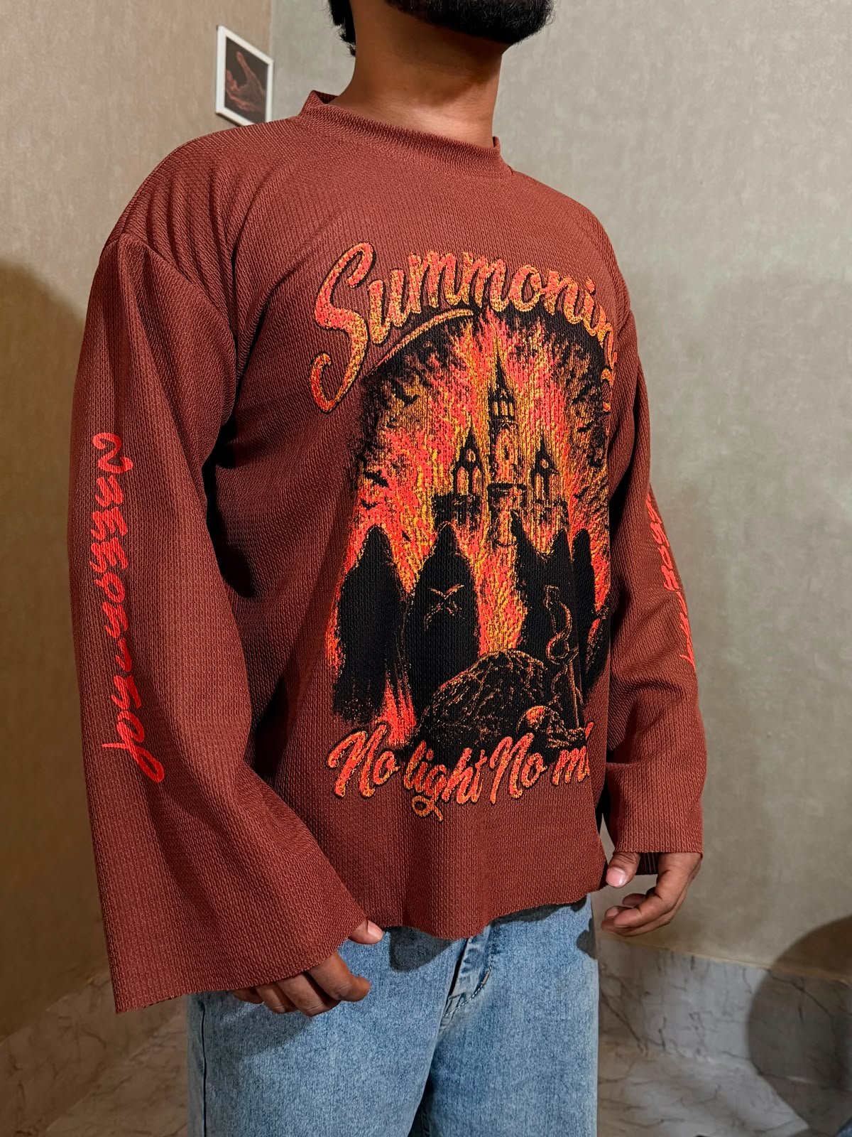 No Light No Life Burgundy Oversized Waffle Knit Graphic T-Shirt