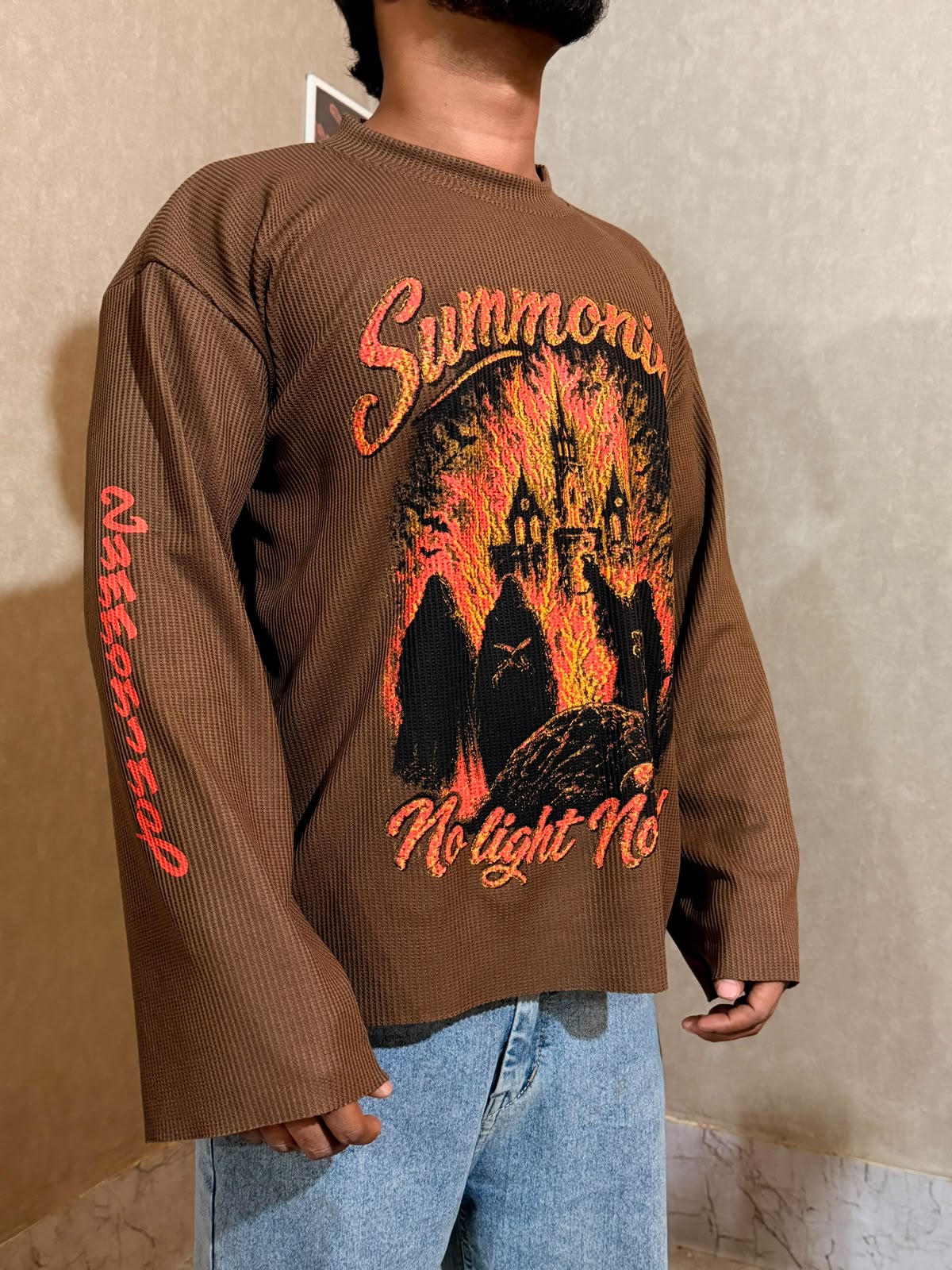 No Light No Life Burgundy Oversized Brown Knit Graphic T-Shirt (Copy)