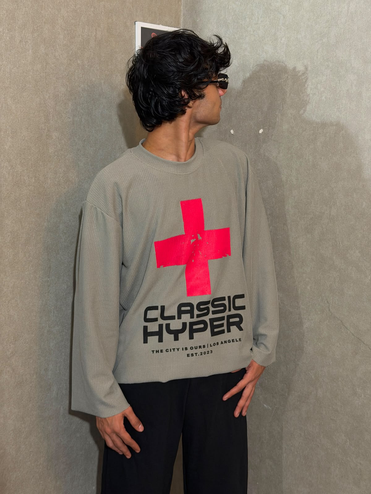 Classic Hyper Grey Oversized Waffle Knit Full Sleeve T-Shirt