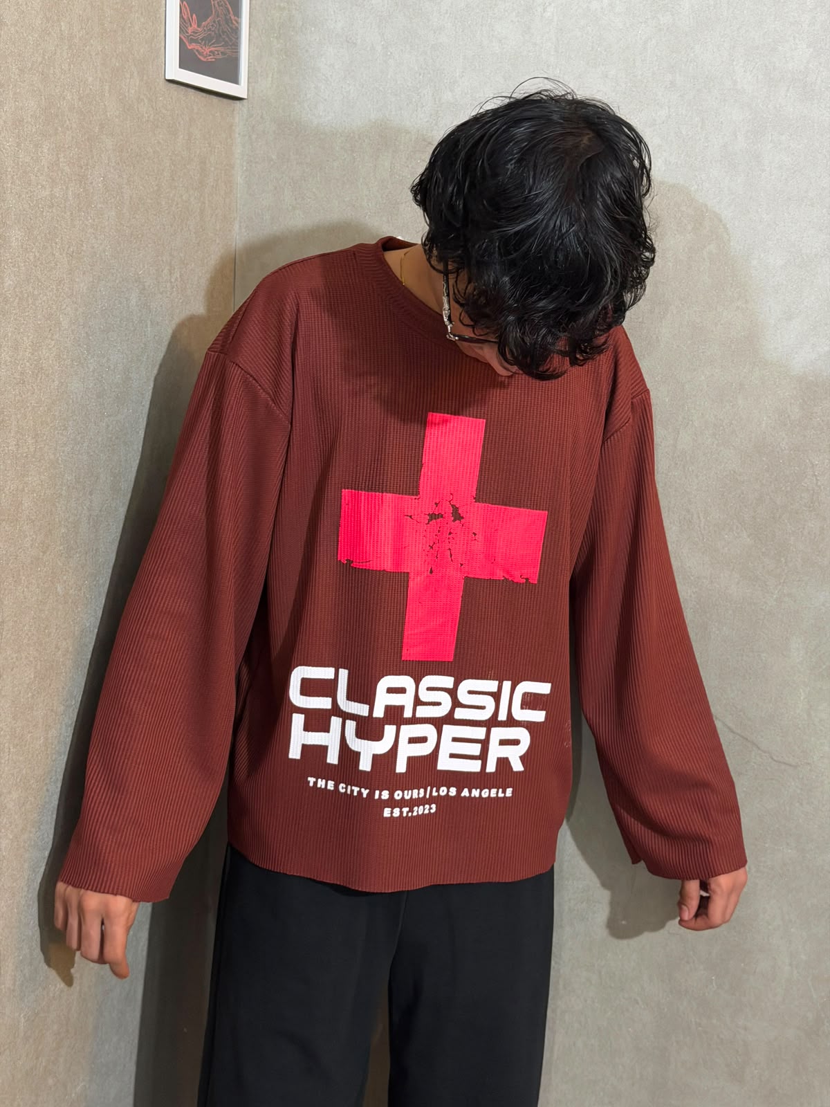 Classic Hyper Burgundy Oversized Waffle Knit Full Sleeve T-Shirt