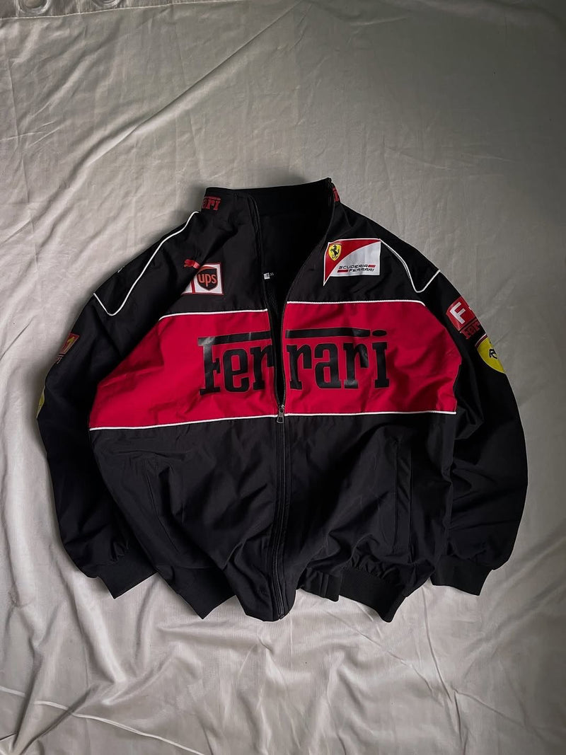 black-f1-ferrari-jacket front view