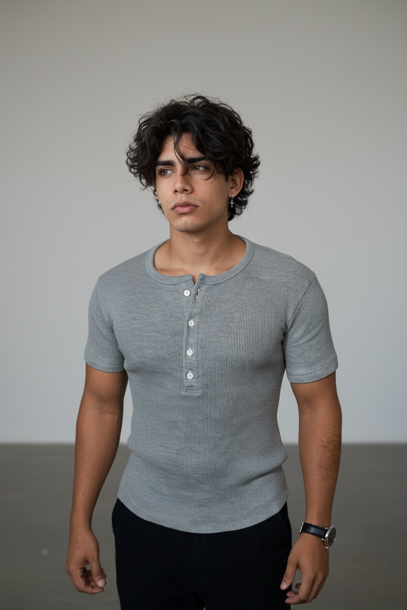 Half Sleeve Grey Henley T-Shirt for Men – Premium Ribbed Slim Fit