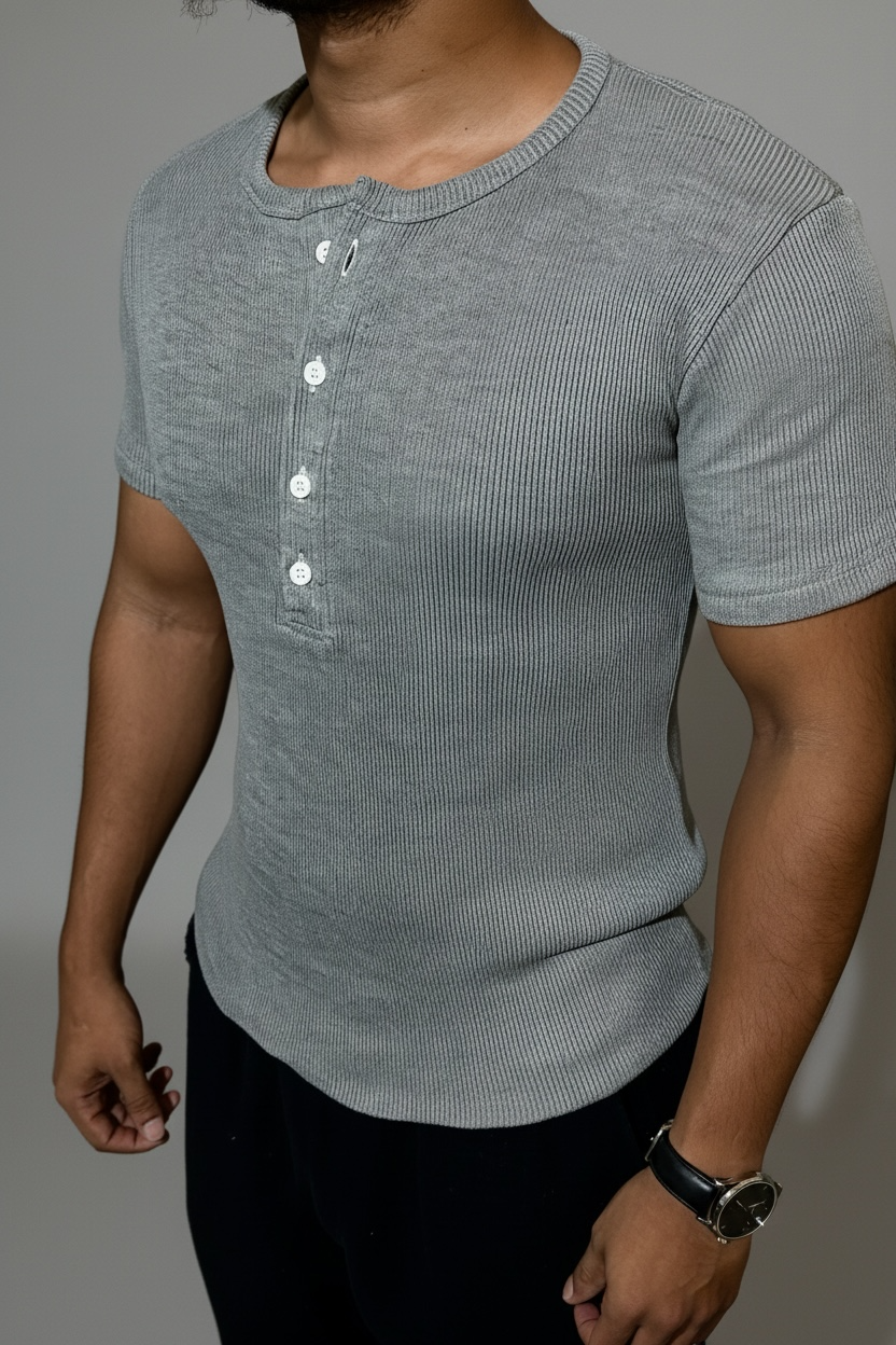 Half Sleeve Grey Henley T-Shirt for Men – Premium Ribbed Slim Fit