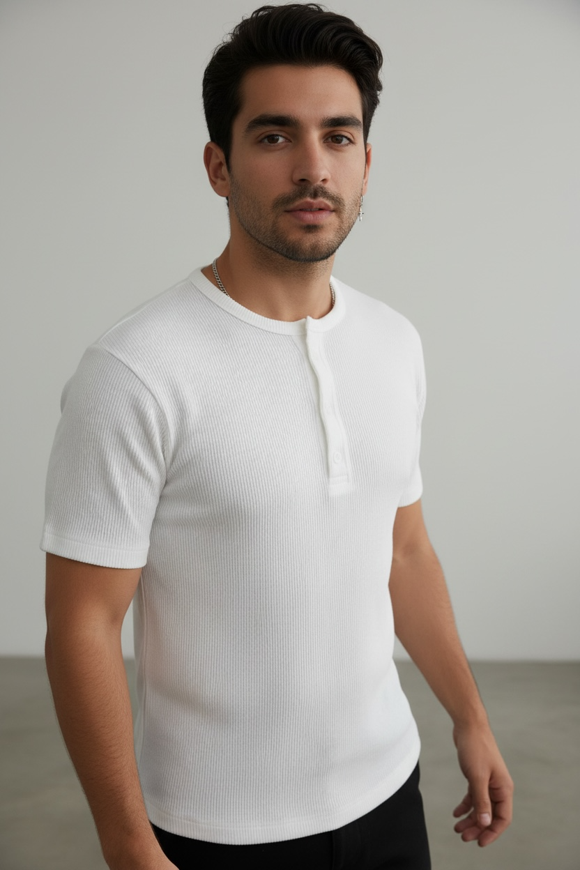 Half Sleeve White Henley T-Shirt for Men – Premium Ribbed Slim Fit