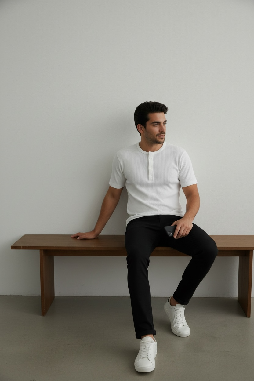 Half Sleeve White Henley T-Shirt for Men – Premium Ribbed Slim Fit