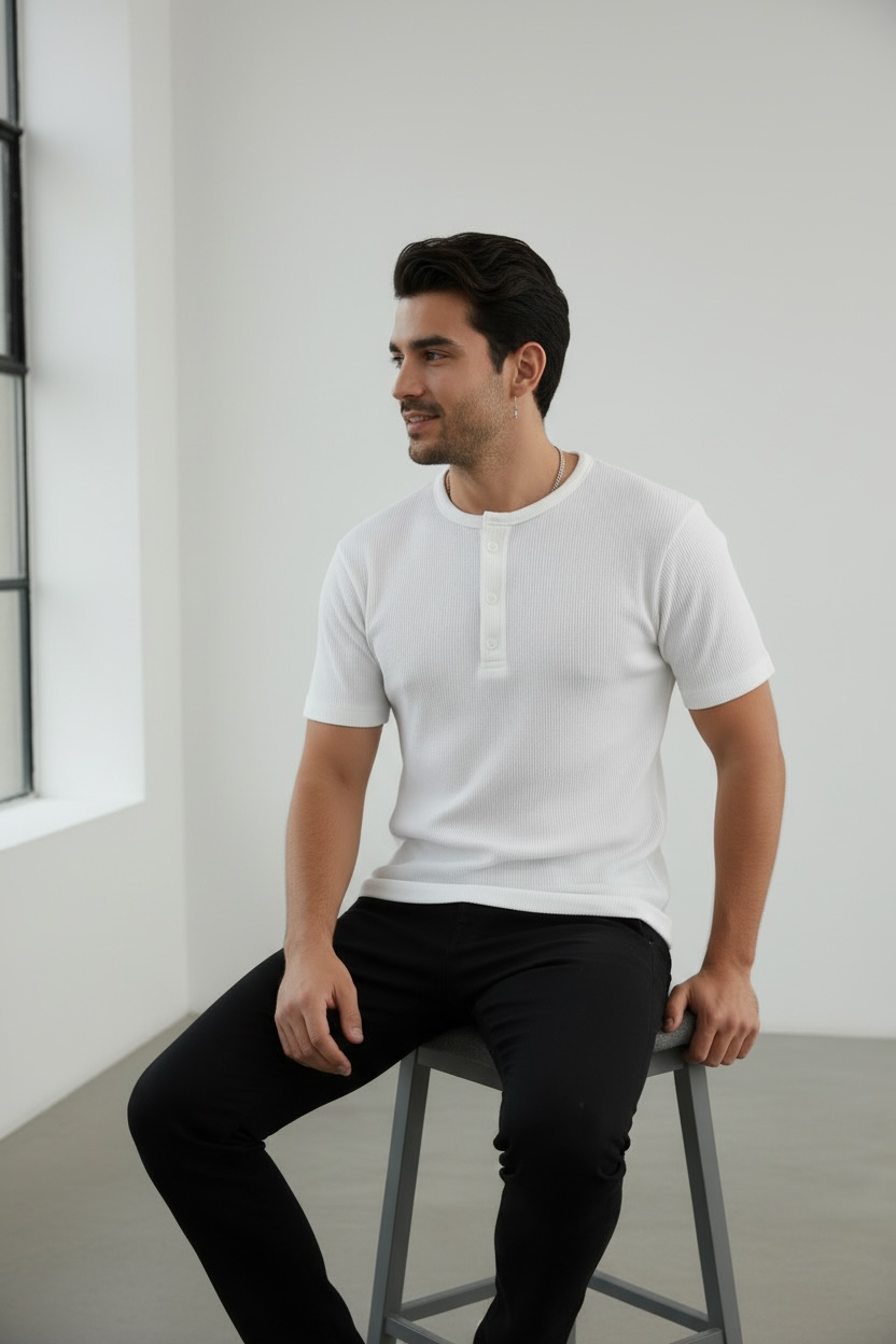 Half Sleeve White Henley T-Shirt for Men – Premium Ribbed Slim Fit