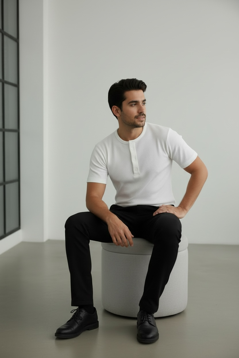 Half Sleeve White Henley T-Shirt for Men – Premium Ribbed Slim Fit