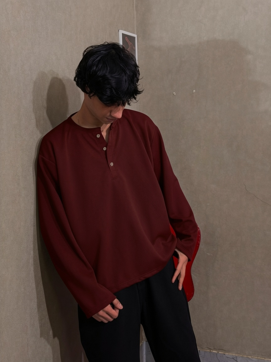 Maroon Waffle Henley T-Shirt for Men – Oversized Boxy Fit