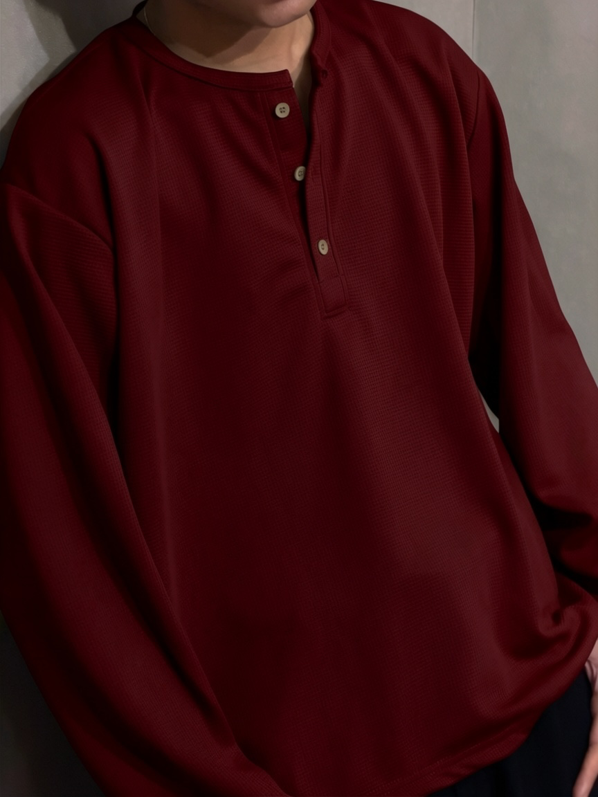 Maroon Waffle Henley T-Shirt for Men – Oversized Boxy Fit