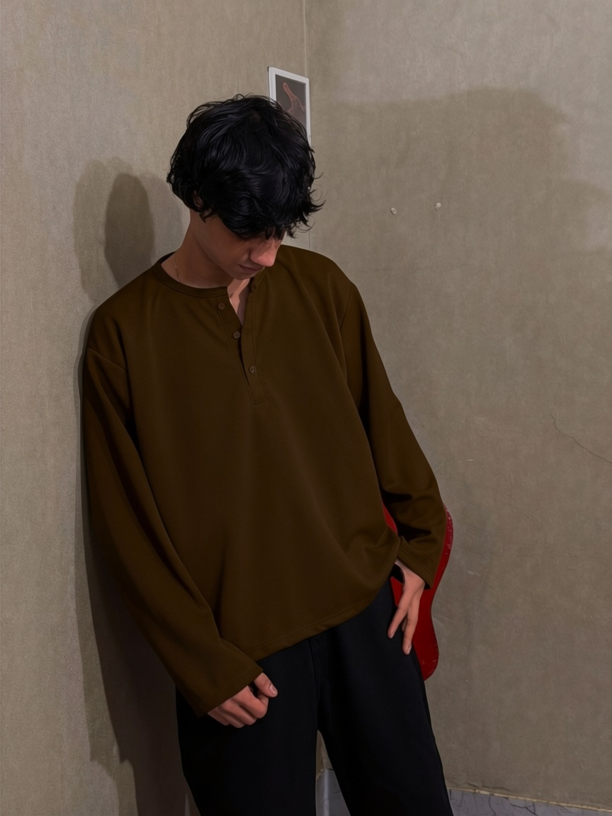 Brown Waffle Henley T-Shirt for Men – Oversized Boxy Fit