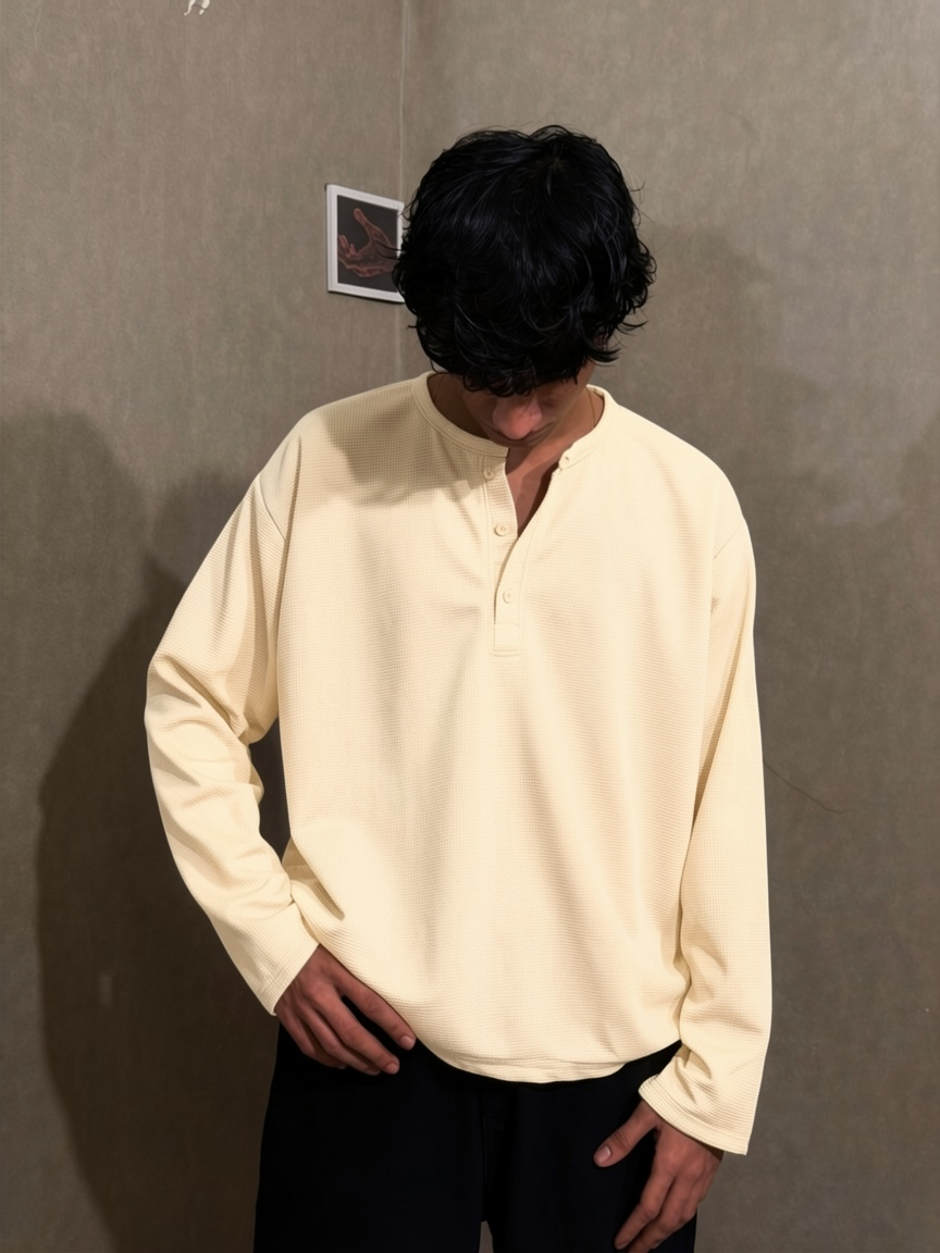 Cream Waffle Henley T-Shirt for Men – Oversized Boxy Fit