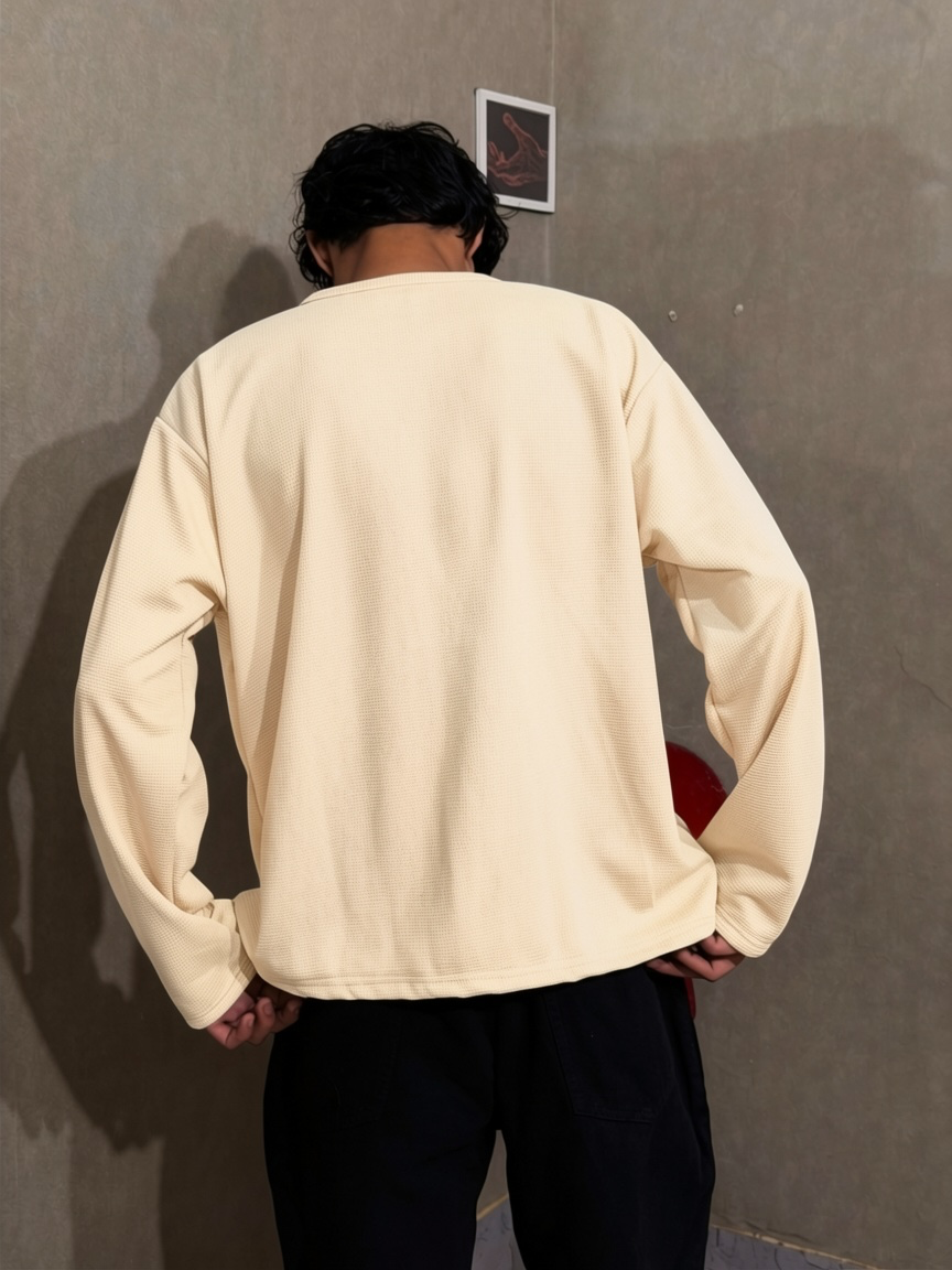 Cream Waffle Henley T-Shirt for Men – Oversized Boxy Fit