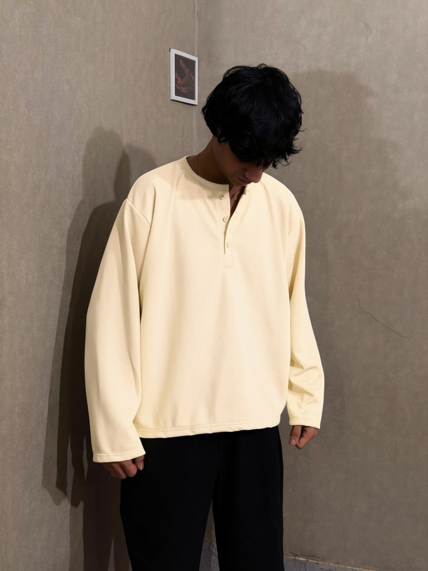 Cream Waffle Henley T-Shirt for Men – Oversized Boxy Fit