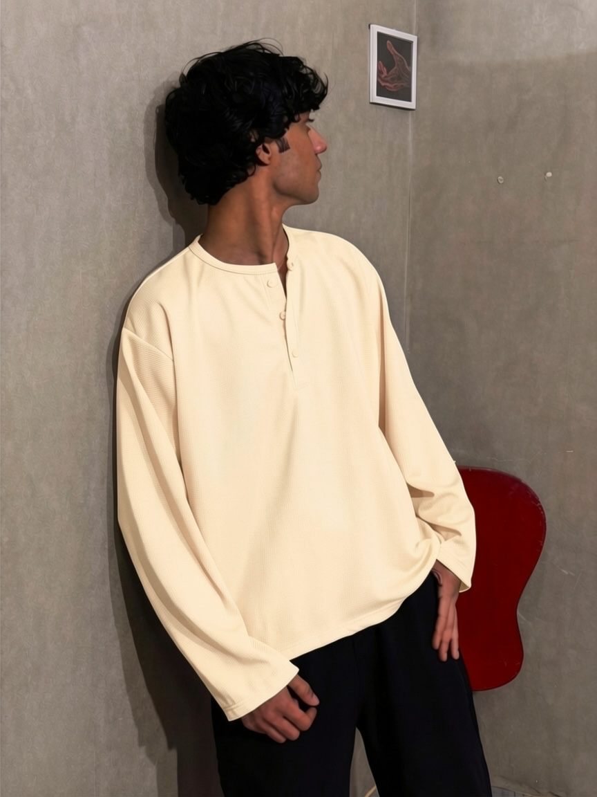 Cream Waffle Henley T-Shirt for Men – Oversized Boxy Fit