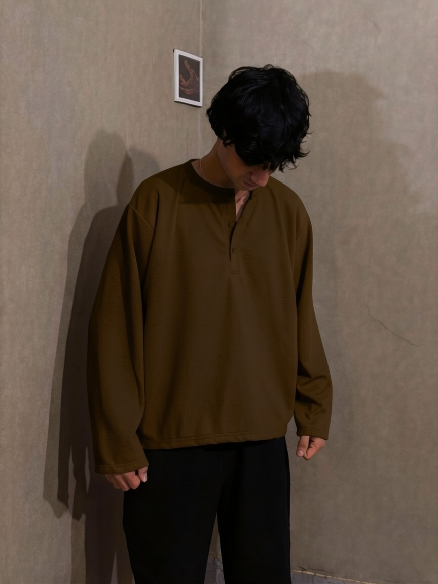 Brown Waffle Henley T-Shirt for Men – Oversized Boxy Fit