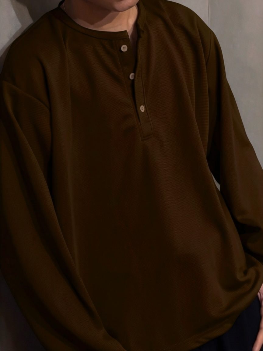 Brown Waffle Henley T-Shirt for Men – Oversized Boxy Fit