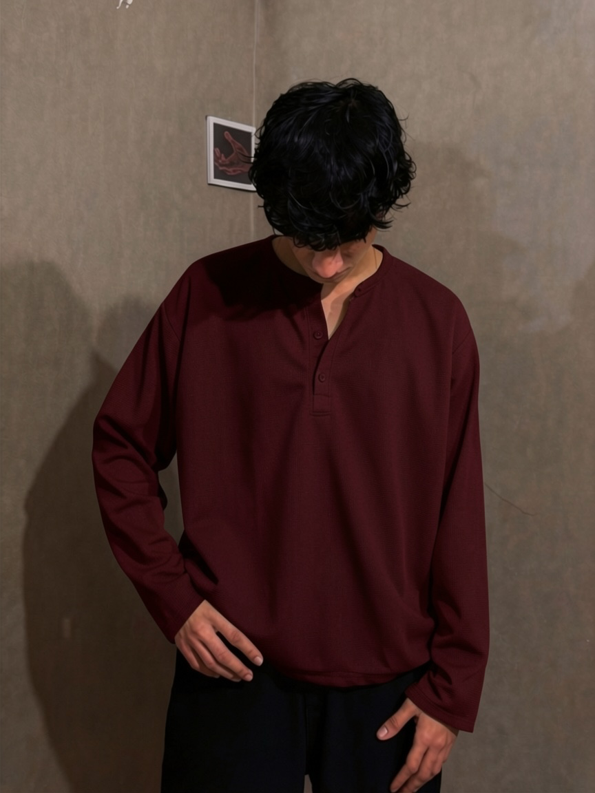 Maroon Waffle Henley T-Shirt for Men – Oversized Boxy Fit
