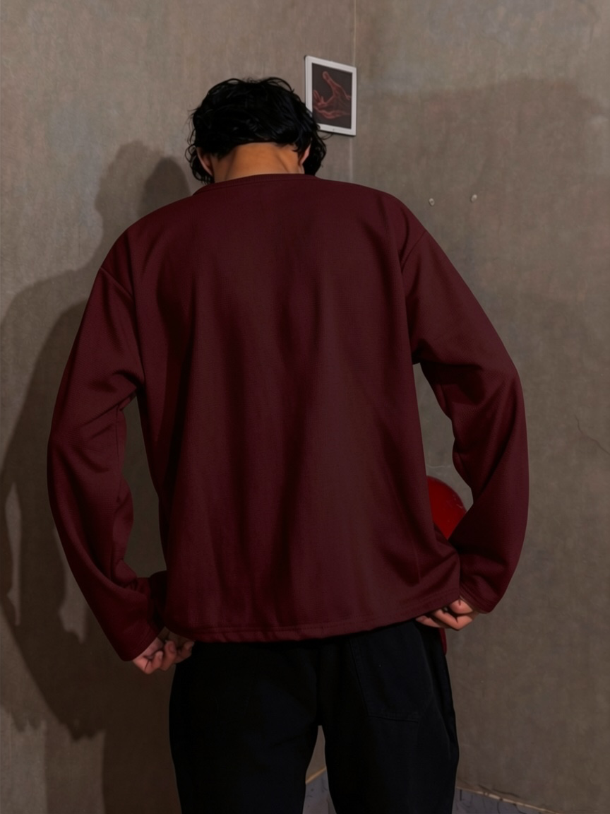 Maroon Waffle Henley T-Shirt for Men – Oversized Boxy Fit