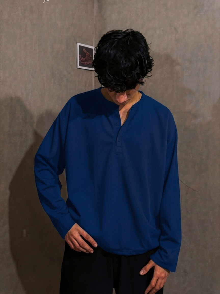 Royal Blue Waffle Henley T-Shirt for Men – Oversized Boxy Fit