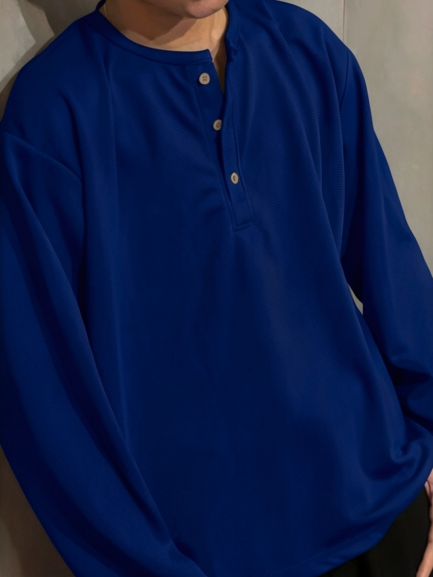Royal Blue Waffle Henley T-Shirt for Men – Oversized Boxy Fit