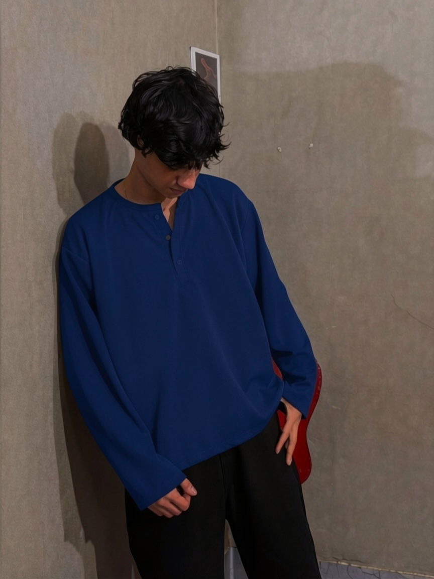 Royal Blue Waffle Henley T-Shirt for Men – Oversized Boxy Fit