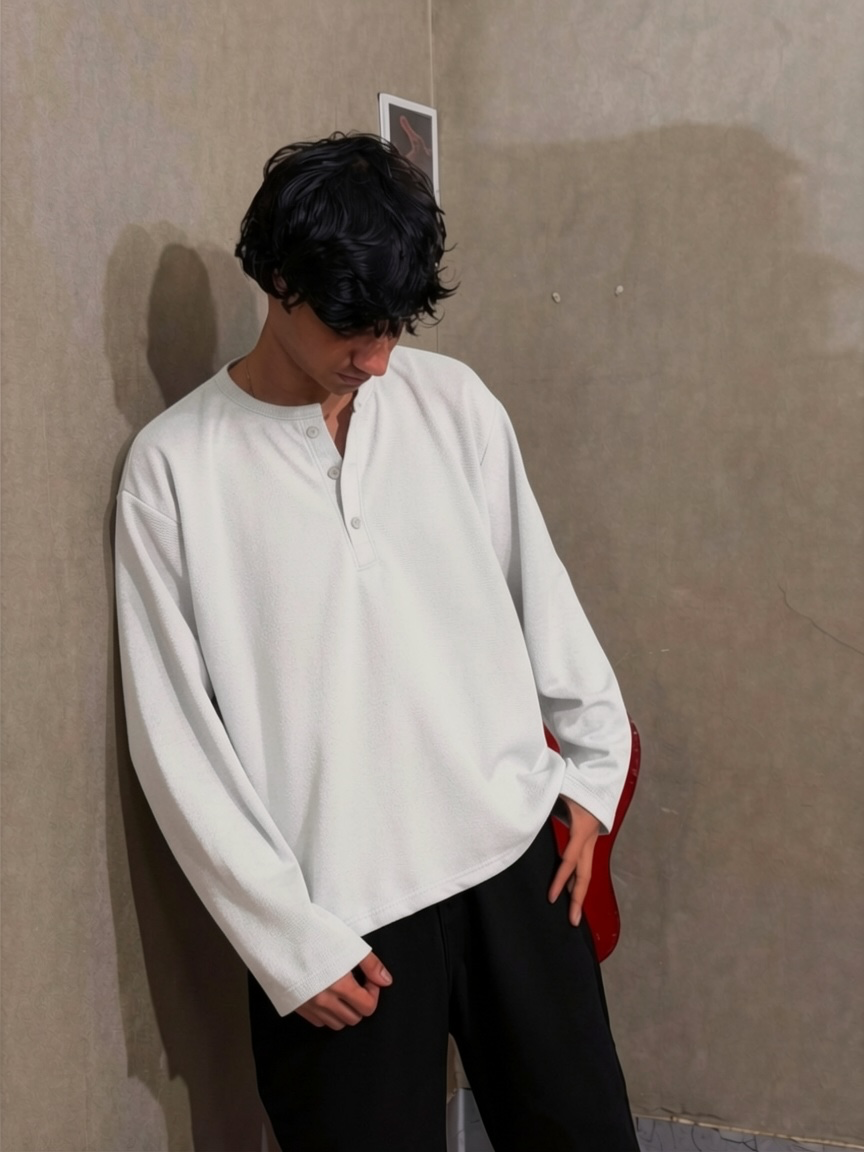 White Waffle Henley T-Shirt for Men – Oversized Boxy Fit
