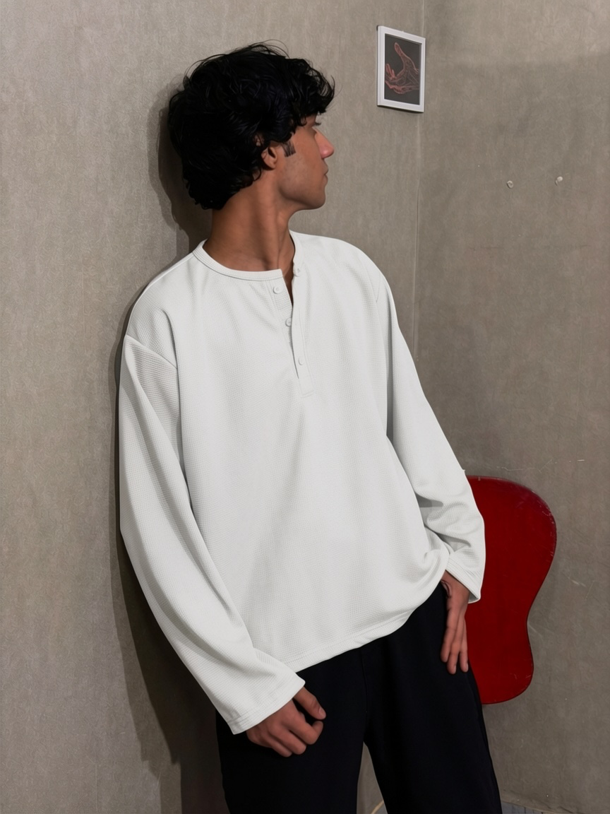 White Waffle Henley T-Shirt for Men – Oversized Boxy Fit
