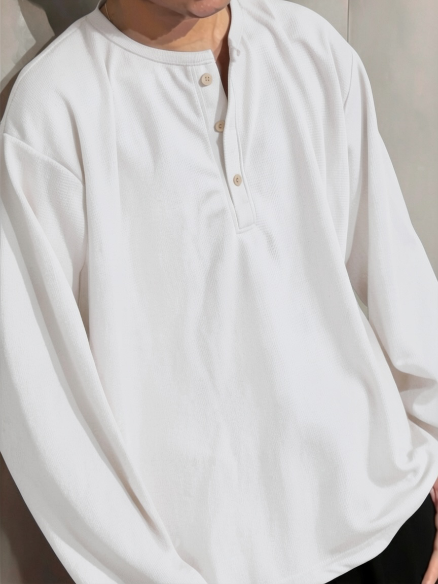 White Waffle Henley T-Shirt for Men – Oversized Boxy Fit