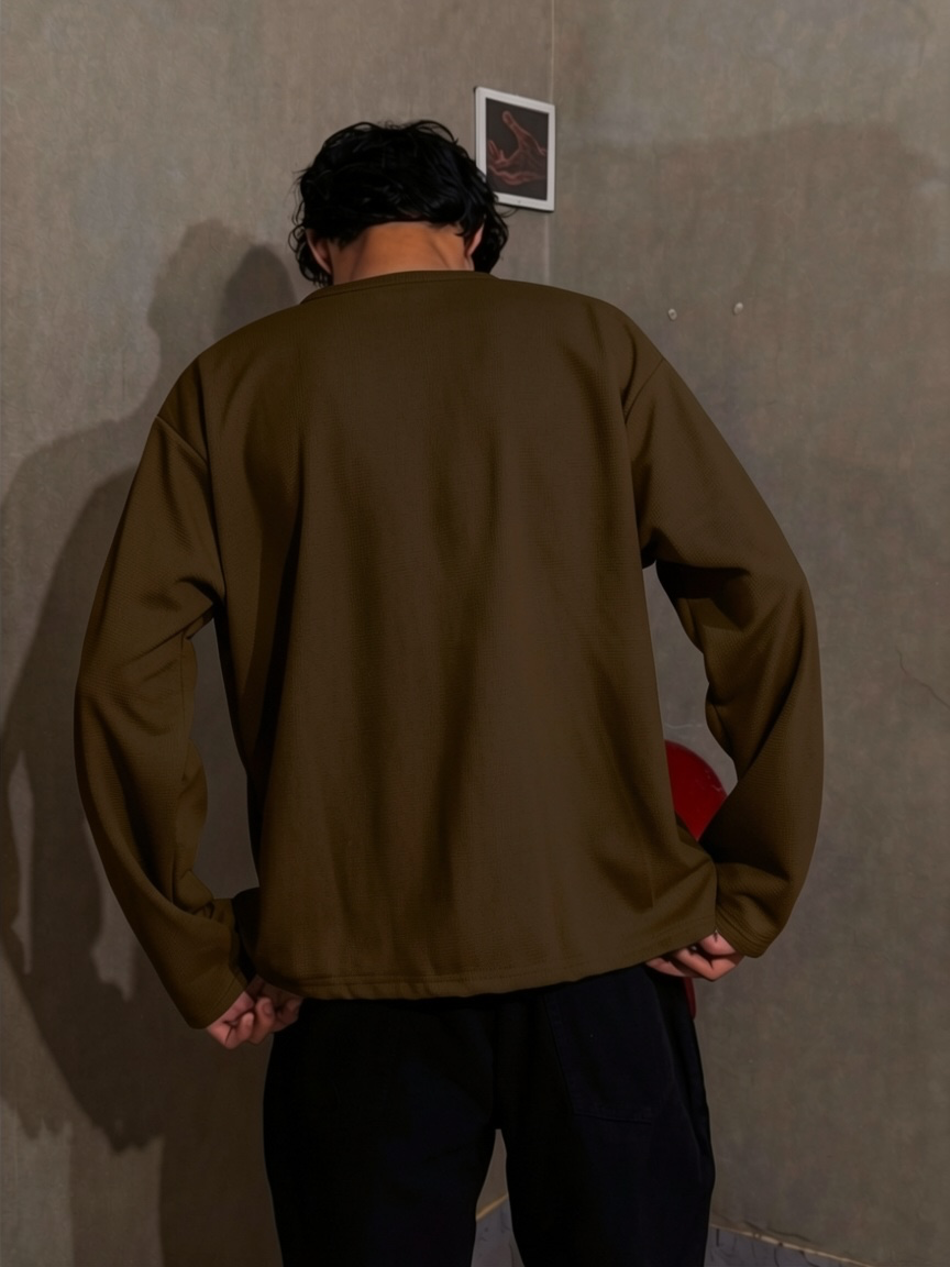 Brown Waffle Henley T-Shirt for Men – Oversized Boxy Fit