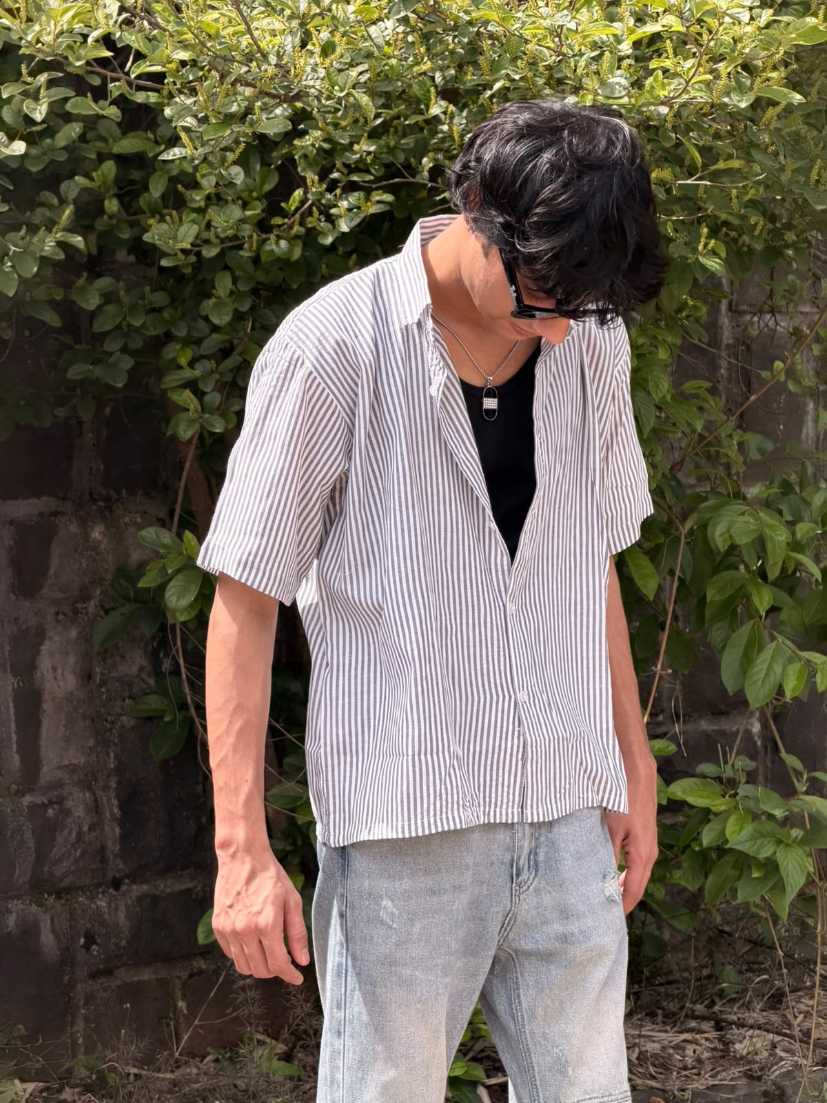 Ash Stripe Seersucker Boxy Fit Shirt – Grey & White