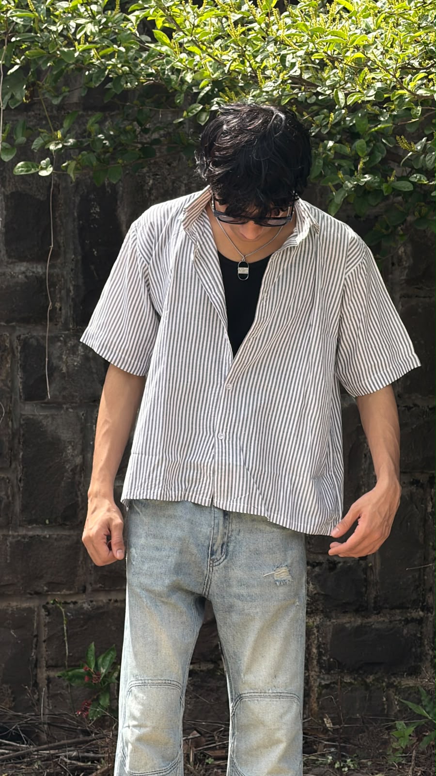 Ash Stripe Seersucker Boxy Fit Shirt – Grey & White