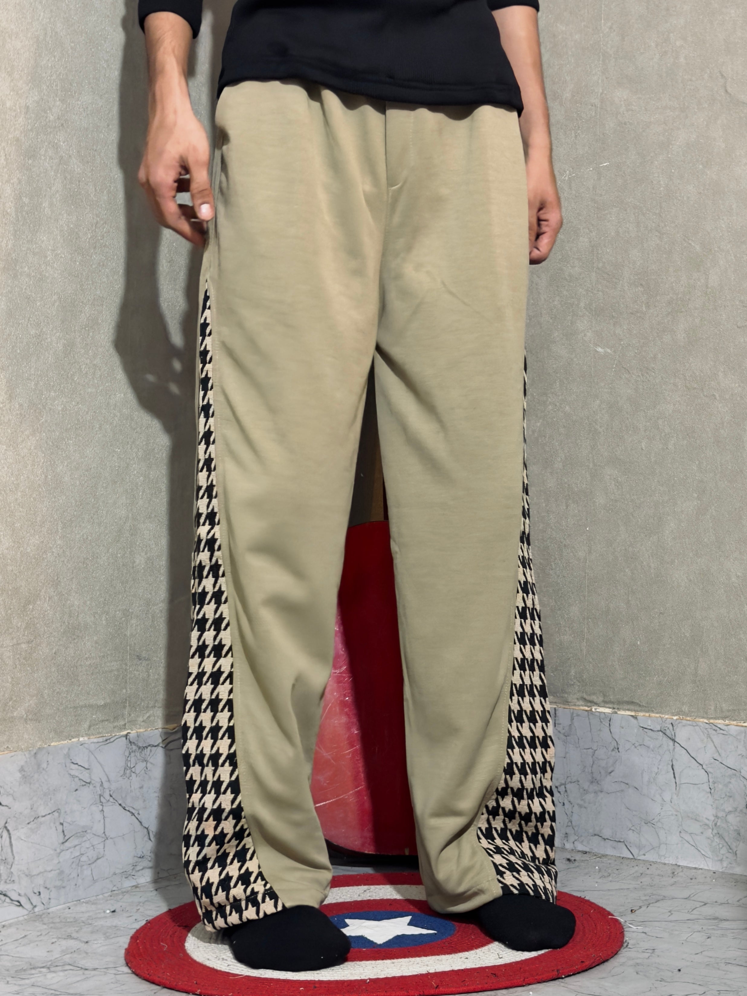 Contrast Jacquard Side-Panel Wide Leg Pants – Muted Olive