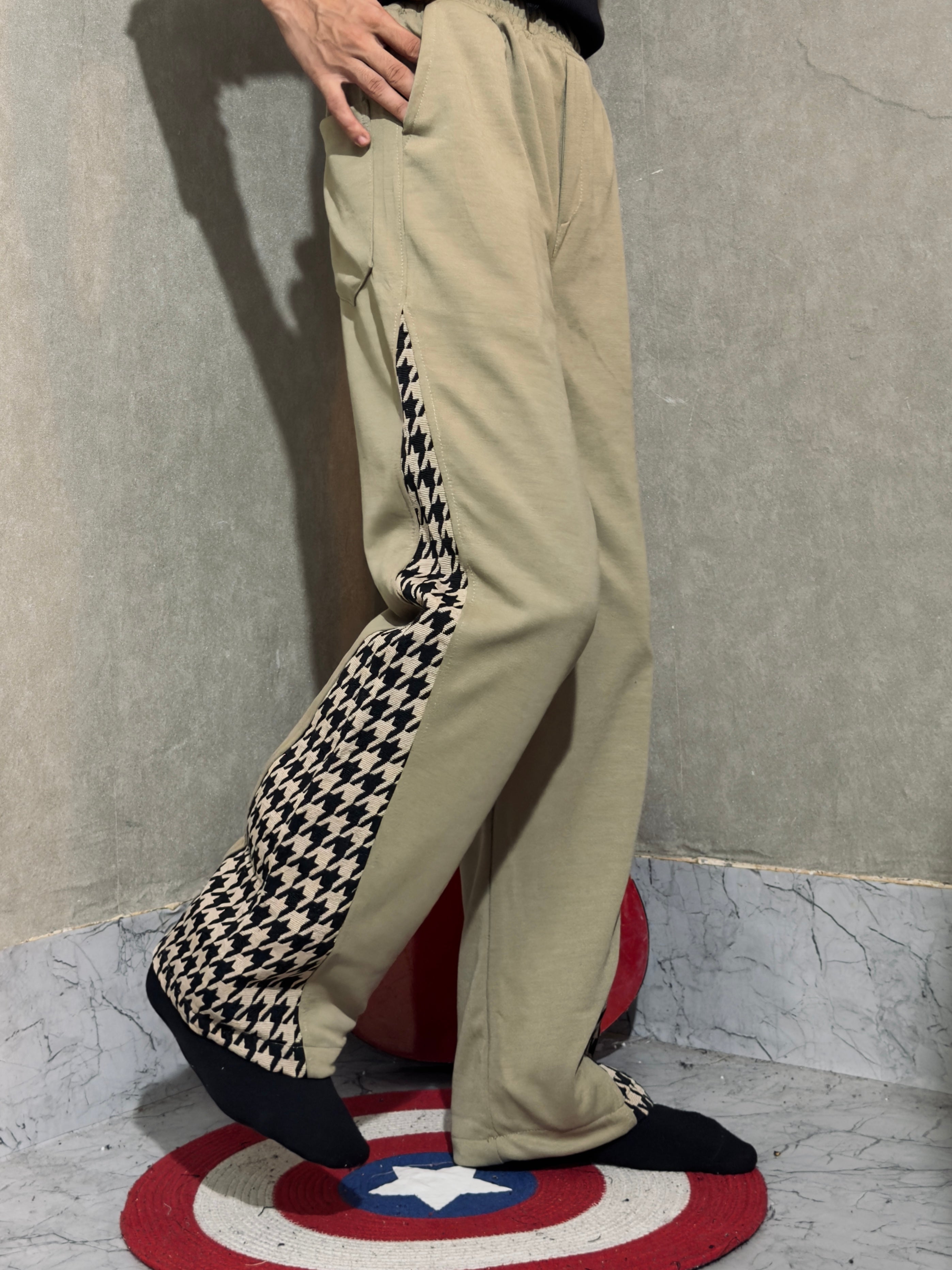 Contrast Jacquard Side-Panel Wide Leg Pants – Muted Olive