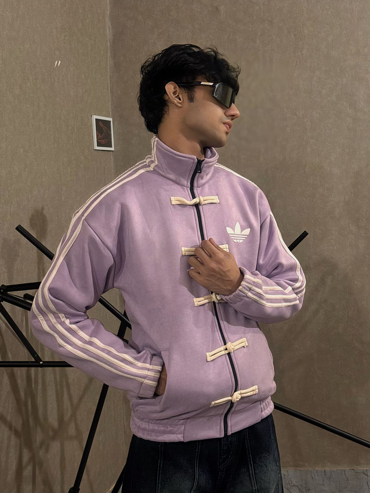 model styling pastel lavender jacket streetwear outfit india look
