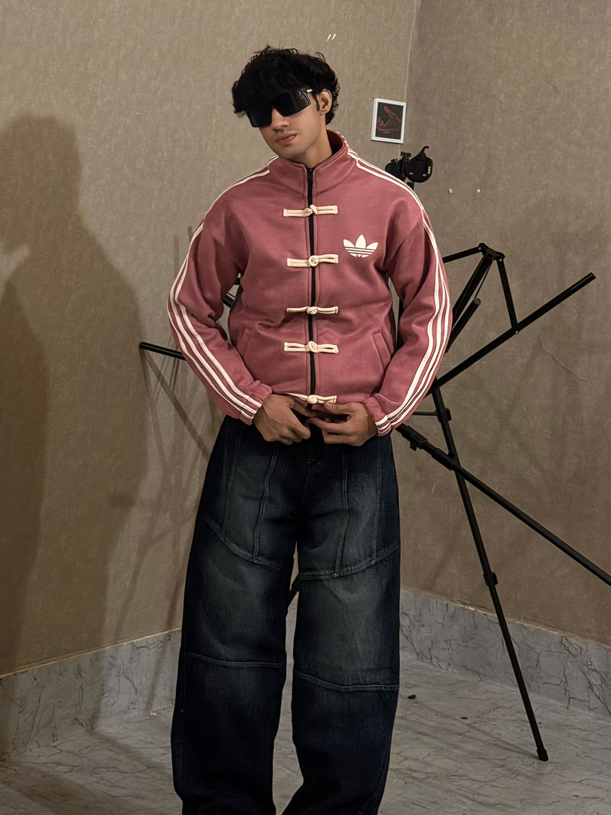 male model wearing peach suede jacket streetwear outfit india