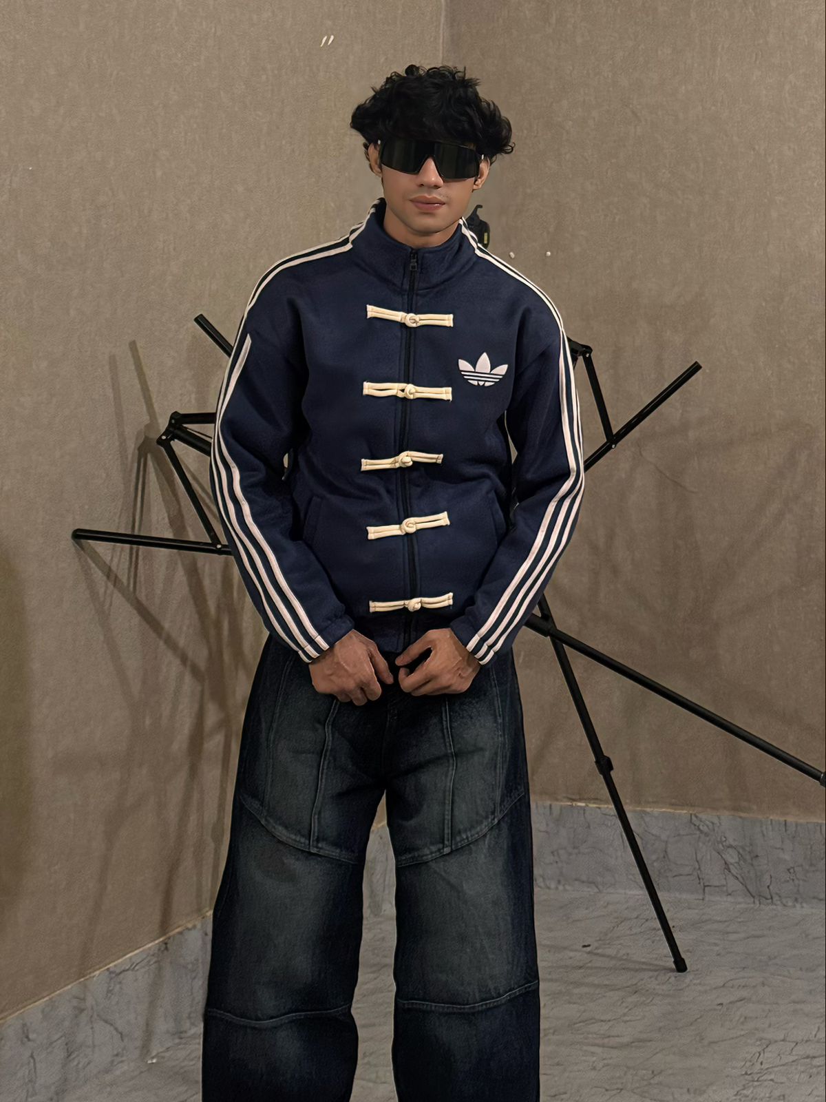 men wearing navy blue suede jacket streetwear style