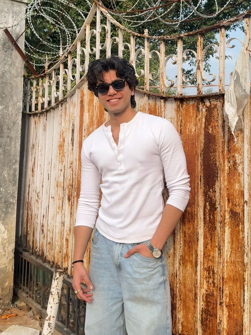 White henley t-shirt for men slim fit ribbed 