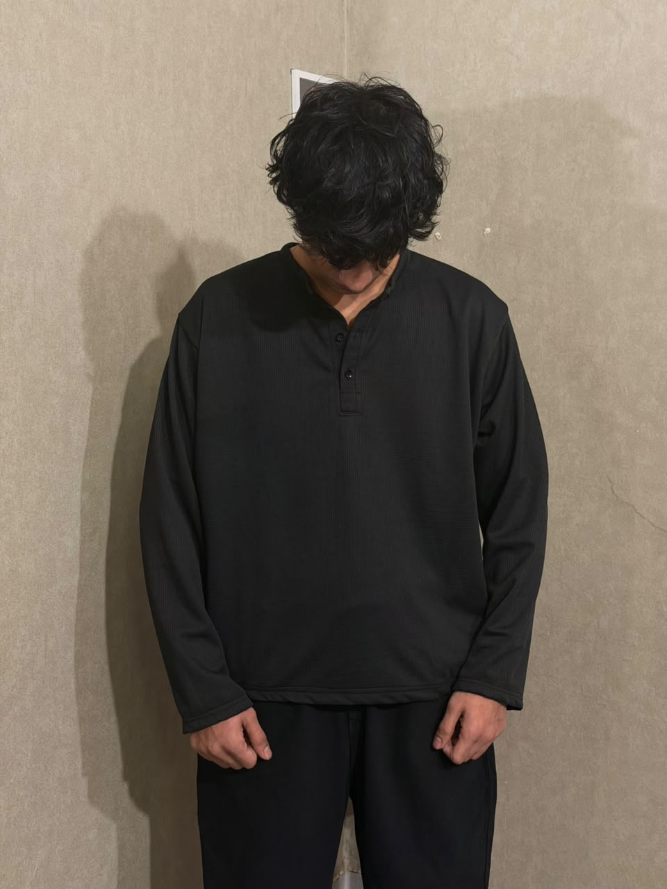 Black Waffle Henley T-Shirt for Men – Oversized Boxy Fit