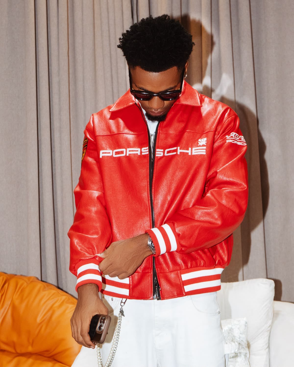 Porsche Red Embroidered Leather Jacket