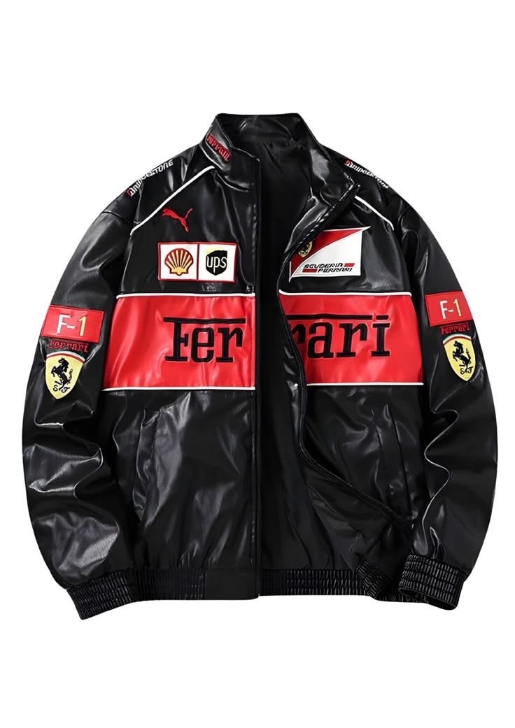 Black F1 Ferrari Leather Embroidered Racing Jacket